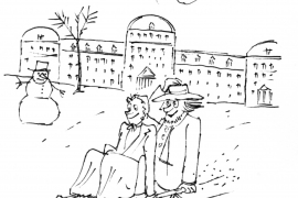 Sketch of a Quaker man and woman sledding in front of Parrish Hall